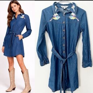 NWT Davi & Dani Denim Embroidered Shirt Dress Cotton Chambray Bird Pockets Small